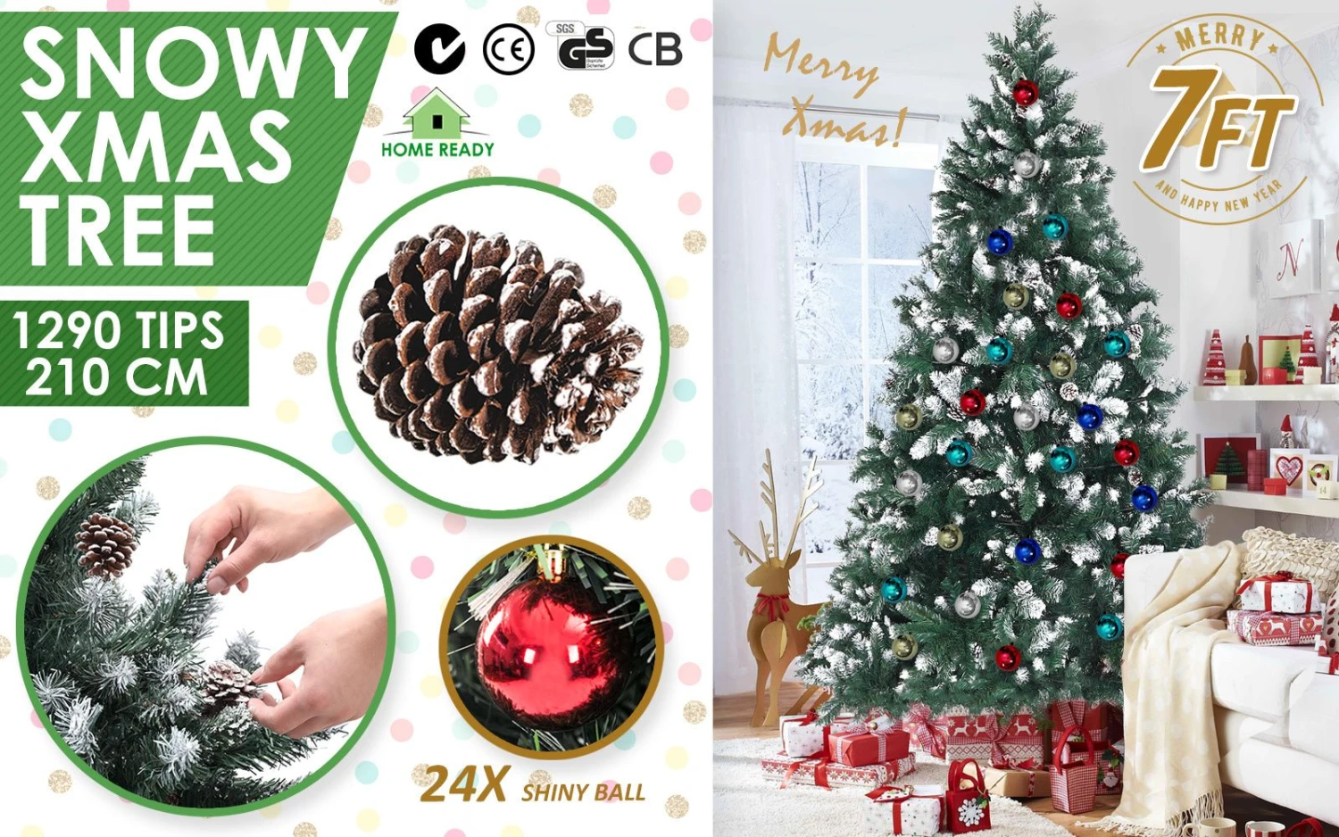 Snowy Christmas Tree Xmas Pine Cones 7Ft 210cm 1290 Tips + Bauble Balls 4 Snowy Christmas Tree Xmas Pine Cones 7Ft 210cm 1290 Tips + Bauble Balls - Image 2