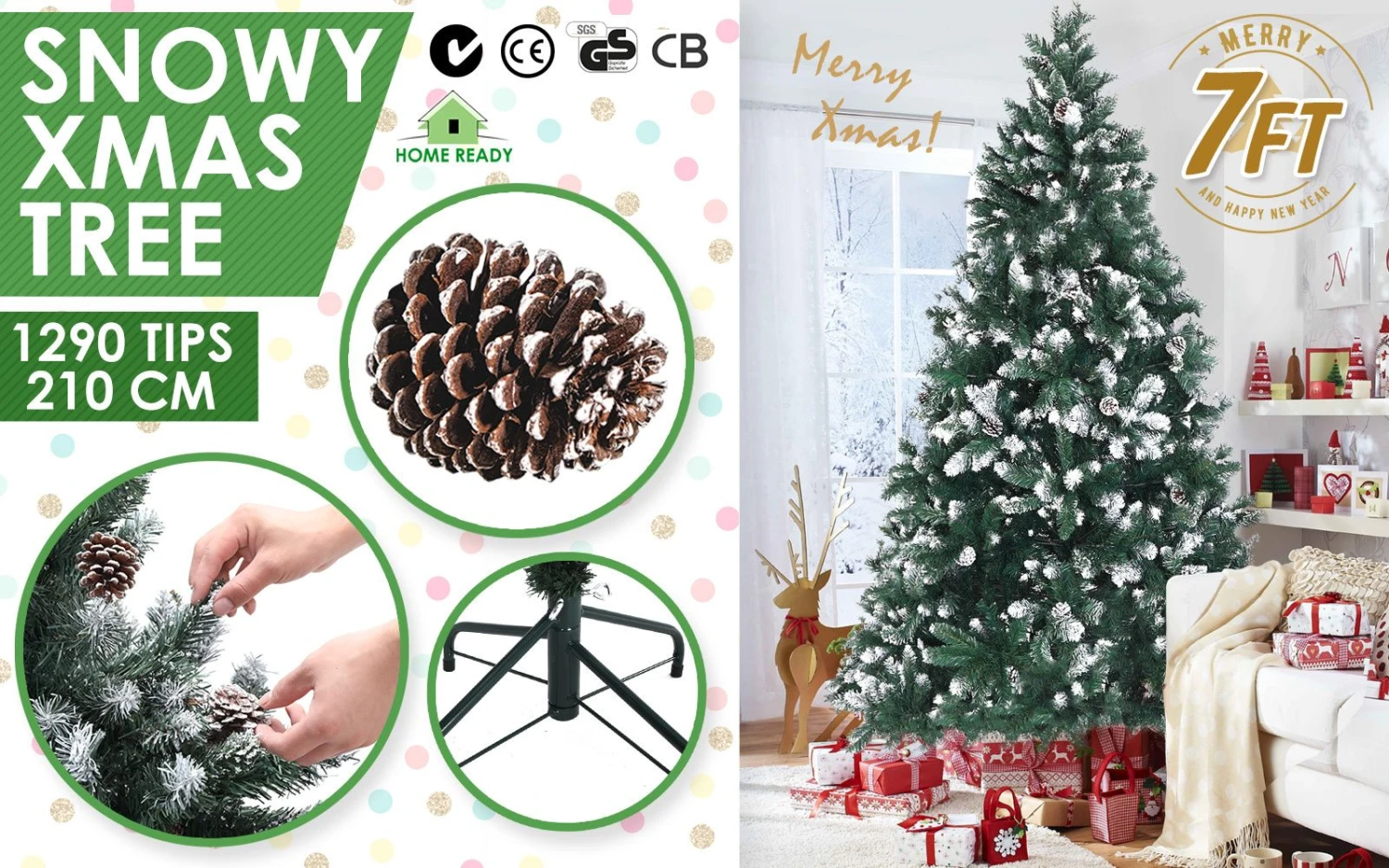 Snowy Christmas Tree Xmas Pine Cones 7Ft 210cm 1290 Tips GREEN 4 Snowy Christmas Tree Xmas Pine Cones 7Ft 210cm 1290 Tips GREEN - Image 2
