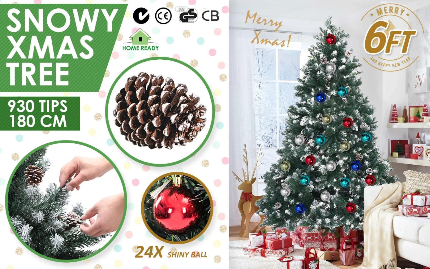 Snowy Christmas Tree Xmas Pine Cones 6Ft 180cm 930 Tips + Bauble Balls 4 Snowy Christmas Tree Xmas Pine Cones 6Ft 180cm 930 Tips + Bauble Balls - Image 2