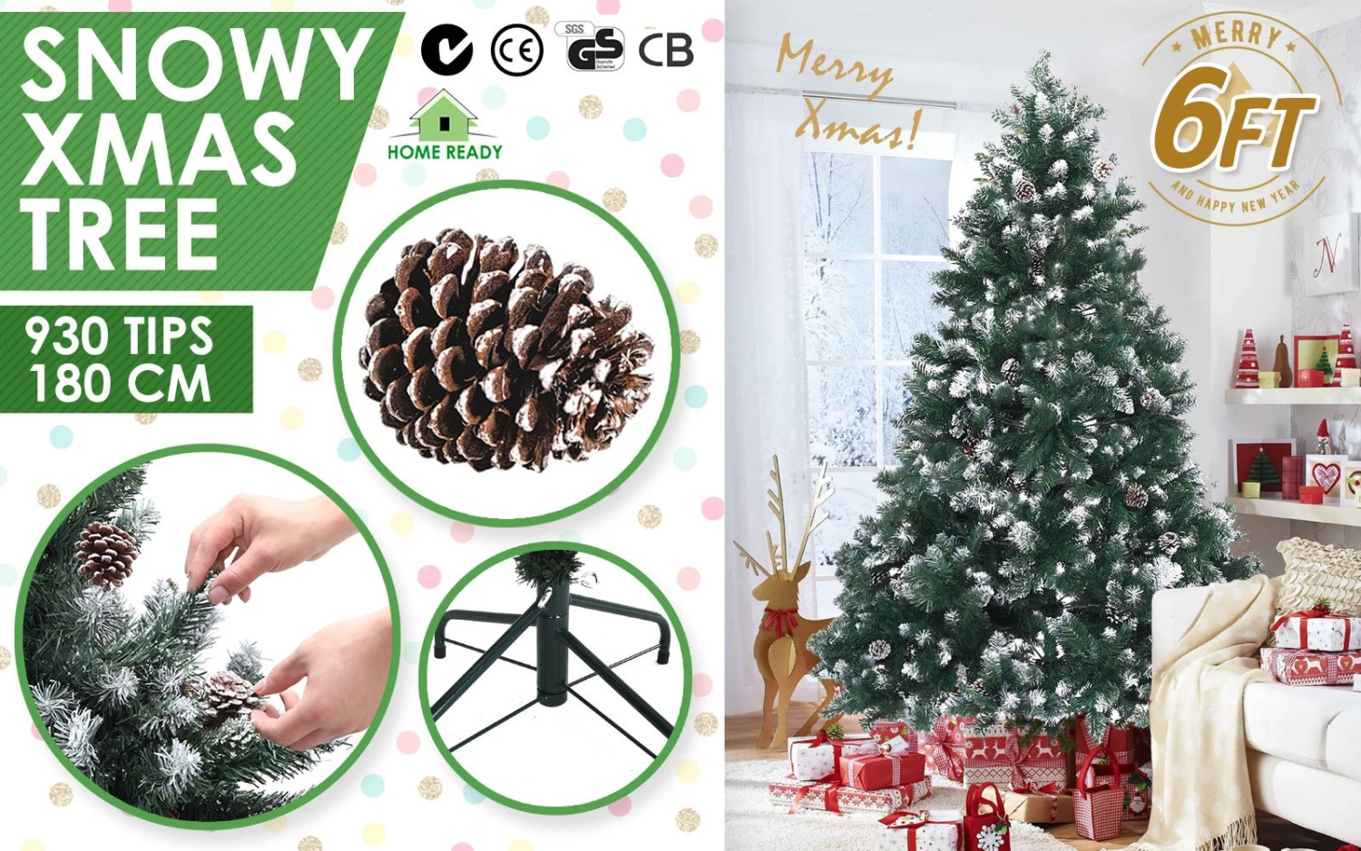 Snowy Christmas Tree Xmas Pine Cones 6Ft 180cm 930 Tips GREEN 4 Snowy Christmas Tree Xmas Pine Cones 6Ft 180cm 930 Tips GREEN - Image 2