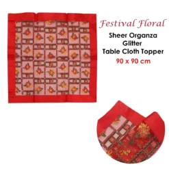 Christmas Red Festival Floral Sheer Organza Glitter Table Cloth Topper 90 X 90 Cm -Generic Christmas Store v442 abr tablec topperfestivalfloral red sq 96777 01