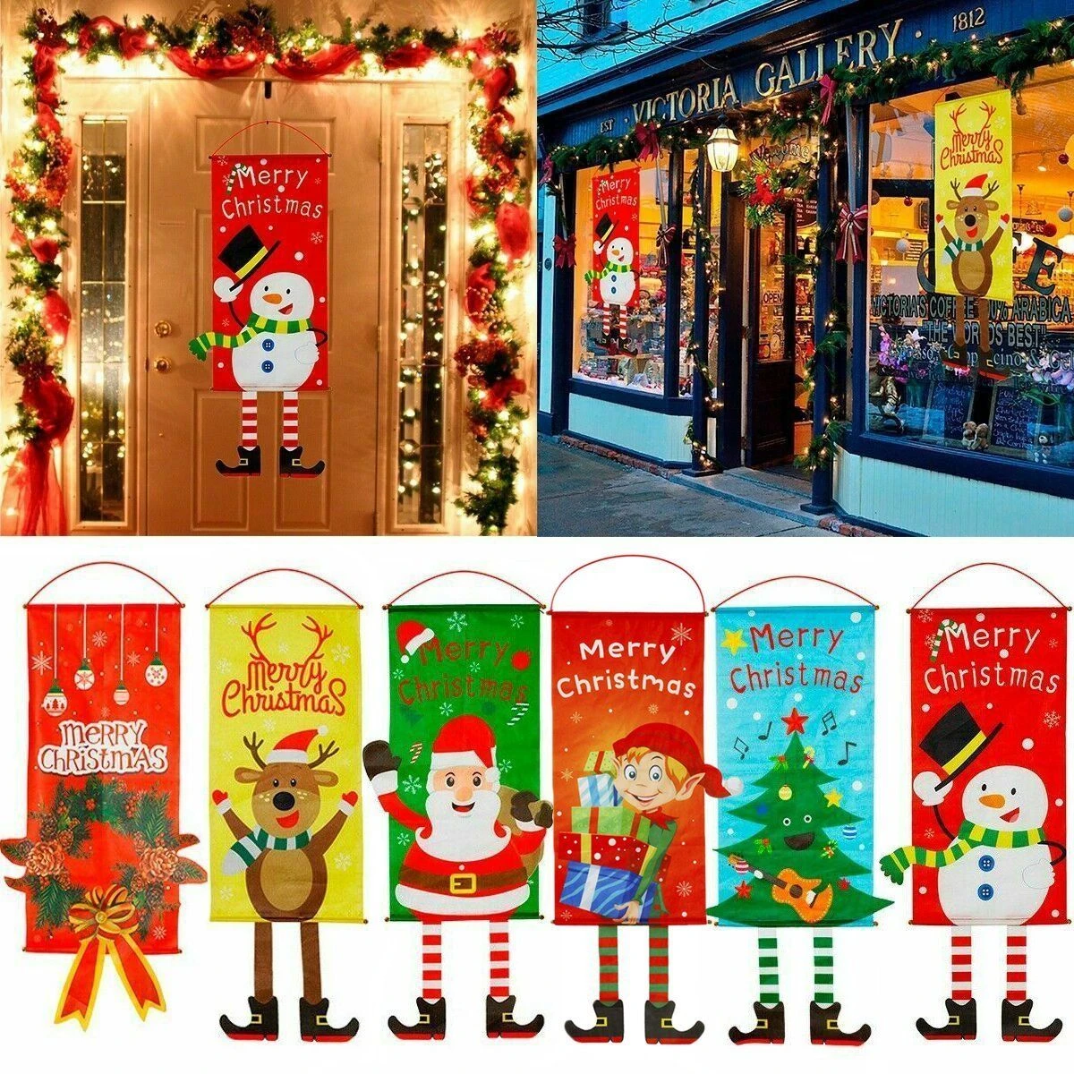 Christmas Hanging Banner Flag Door Window Décor Santa Reindeer Snowman Ornaments, Set Of 6 4 Christmas Hanging Banner Flag Door Window Décor Santa Reindeer Snowman Ornaments, Set Of 6 - Image 2